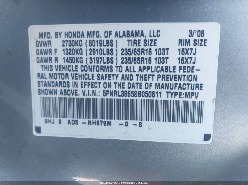 2008 Honda Odyssey Ex-L VIN: 5FNRL38658B050611 Lot: 43949155
