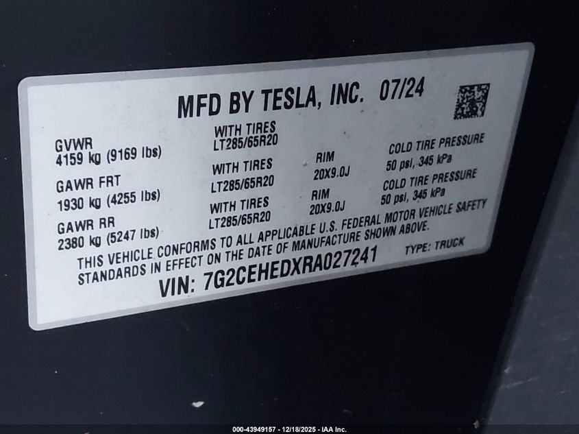 2024 Tesla Cybertruck All-Wheel Drive VIN: 7G2CEHEDXRA027241 Lot: 43949157