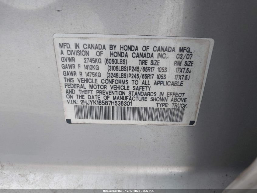 2007 Honda Ridgeline Rtl VIN: 2HJYK16587H536301 Lot: 43949160