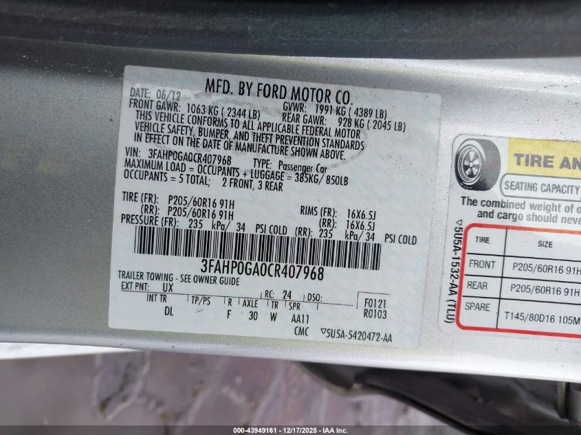 2012 Ford Fusion S VIN: 3FAHP0GA0CR407968 Lot: 43949161