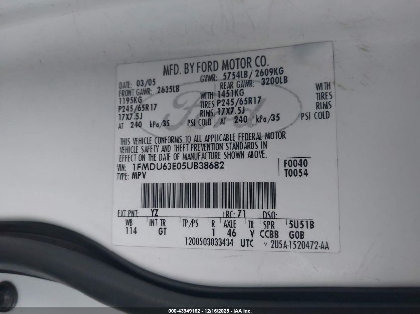 2005 Ford Explorer Xlt/Xlt Sport VIN: 1FMDU63E05UB38682 Lot: 43949162