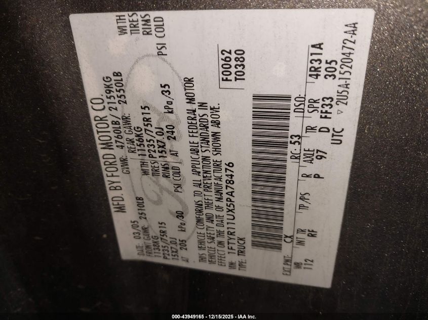 2005 Ford Ranger Edge/Xl/Xlt VIN: 1FTYR11UX5PA78476 Lot: 43949165