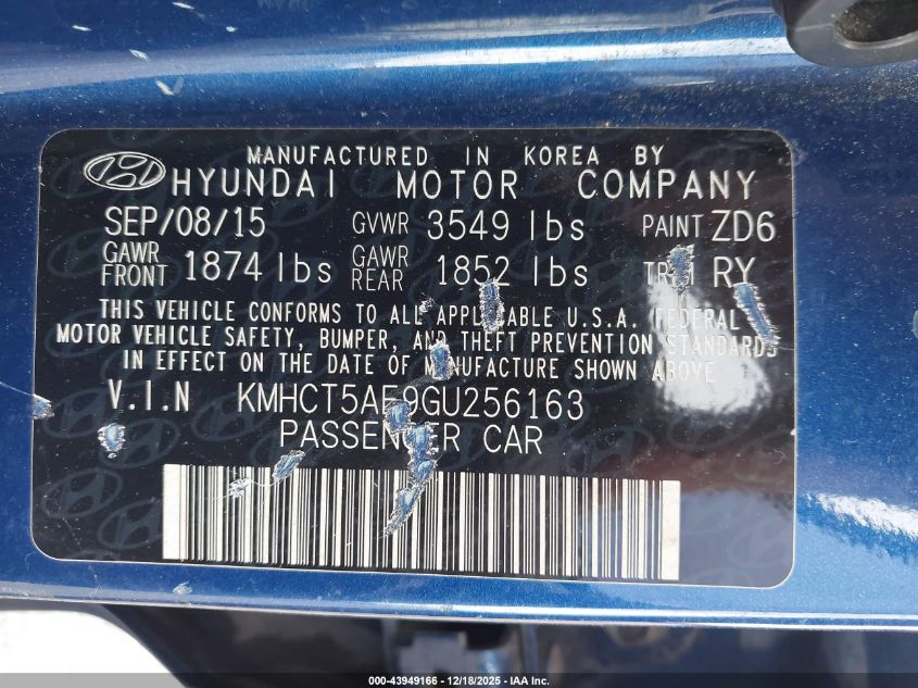 2016 Hyundai Accent Se VIN: KMHCT5AE9GU256163 Lot: 43949166