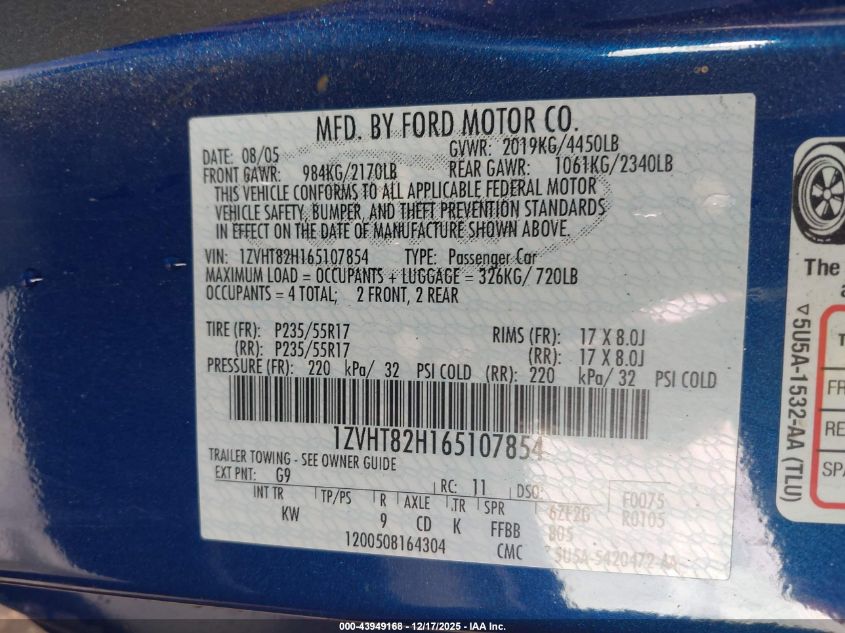 2006 Ford Mustang Gt VIN: 1ZVHT82H165107854 Lot: 43949168