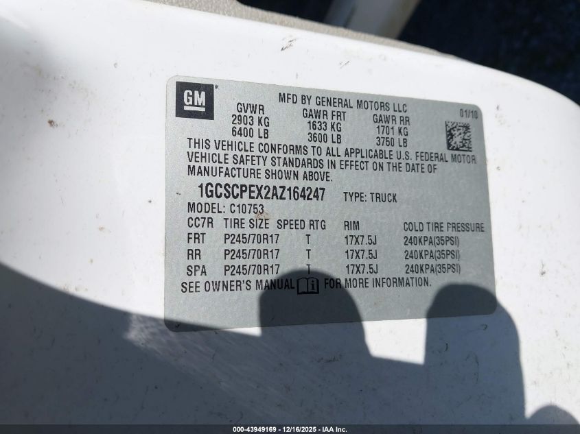2010 Chevrolet Silverado 1500 Work Truck VIN: 1GCSCPEX2AZ164247 Lot: 43949169