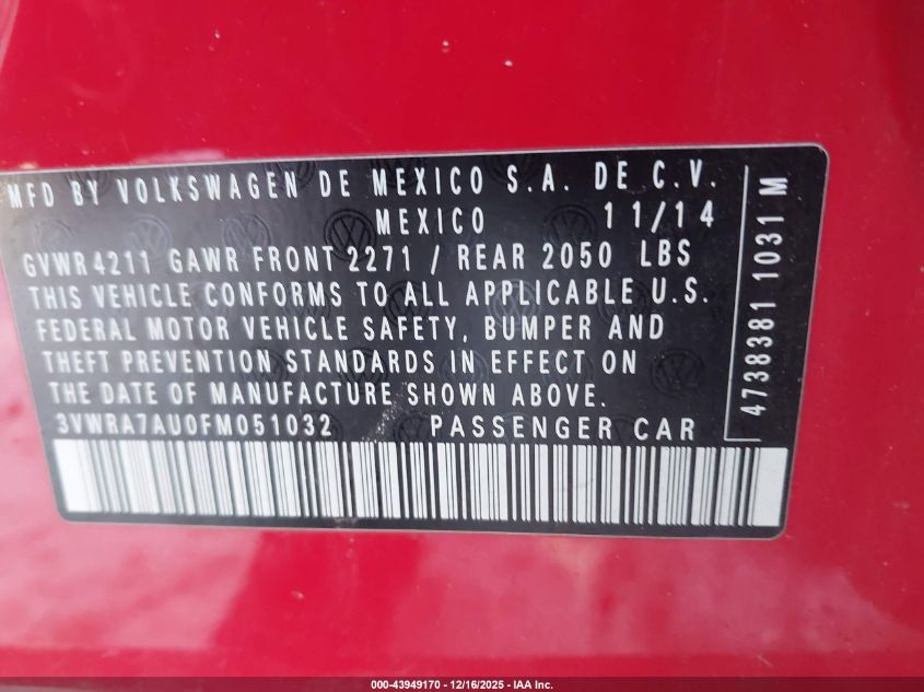 2015 Volkswagen Golf Tdi S 4-Door VIN: 3VWRA7AU0FM051032 Lot: 43949170