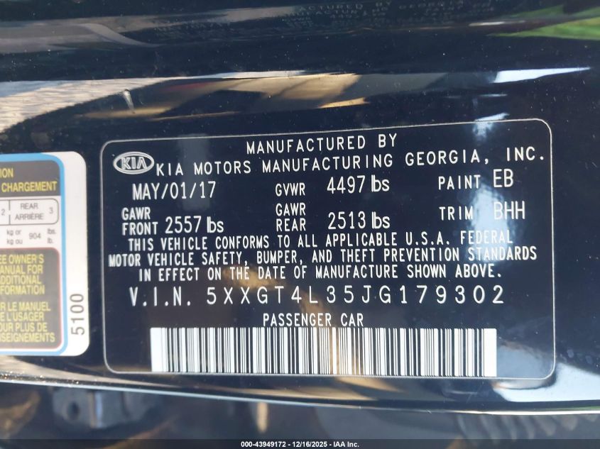 2018 Kia Optima Lx VIN: 5XXGT4L35JG179302 Lot: 43949172