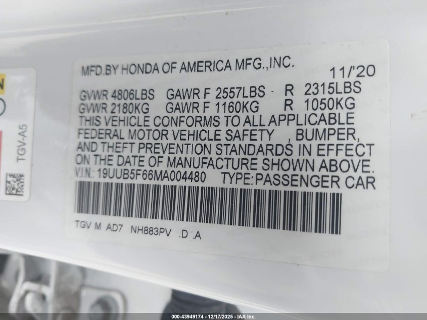 2021 Acura Tlx Advance Package VIN: 19UUB5F66MA004480 Lot: 43949174
