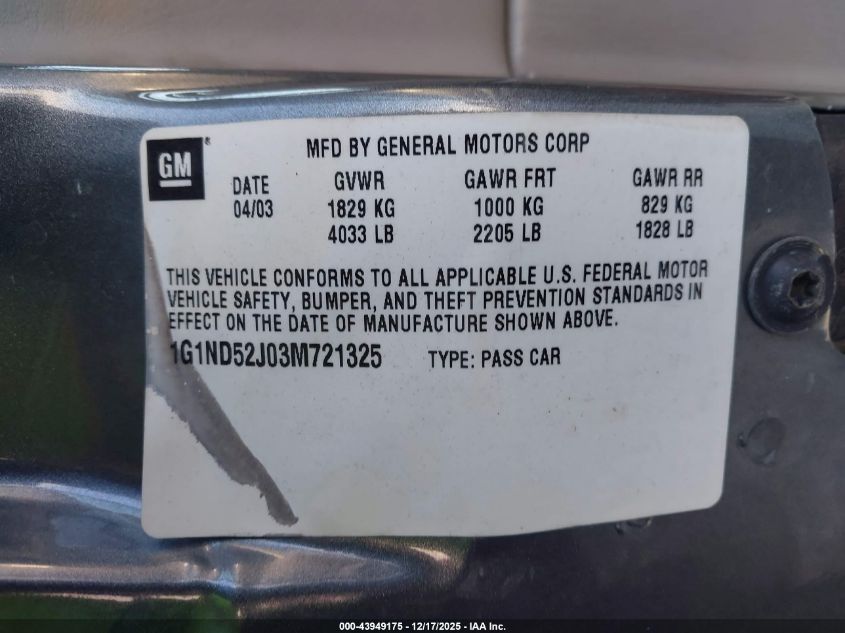 2003 Chevrolet Malibu VIN: 1G1ND52J03M721325 Lot: 43949175