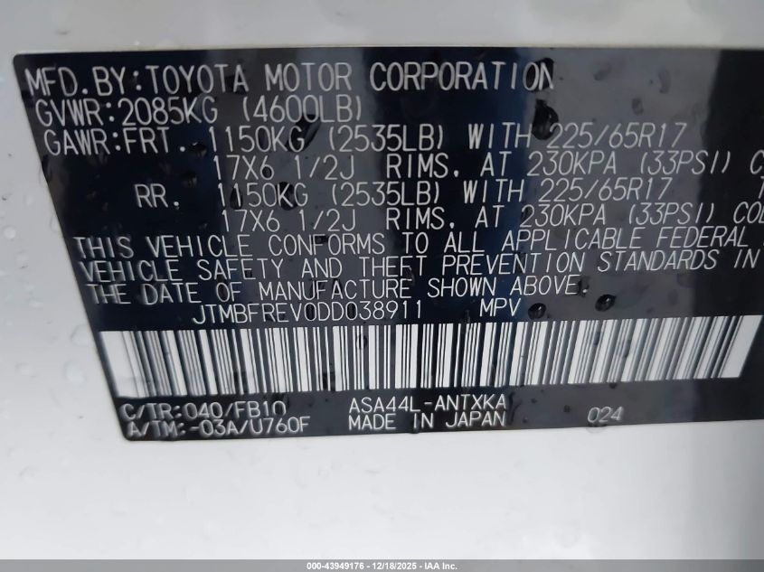 2013 Toyota Rav4 Le VIN: JTMBFREV0DD038911 Lot: 43949176