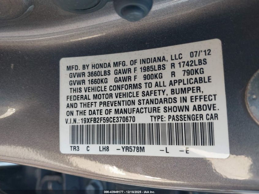 2012 Honda Civic Lx VIN: 19XFB2F59CE370670 Lot: 43949177