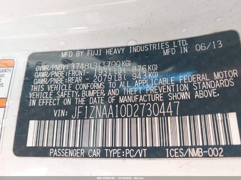 2013 Scion Fr-S VIN: JF1ZNAA10D2730447 Lot: 43949180