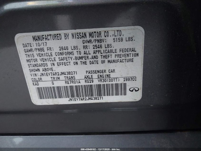 2018 Infiniti Q50 3.0T Luxe VIN: JN1EV7AR2JM438271 Lot: 43949182