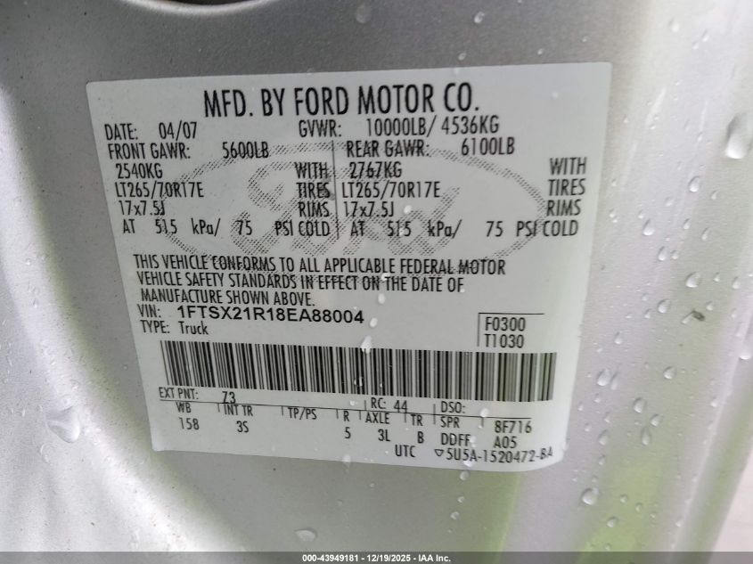 2008 Ford F-250 Fx4/Lariat/Xl/Xlt VIN: 1FTSX21R18EA88004 Lot: 43949181