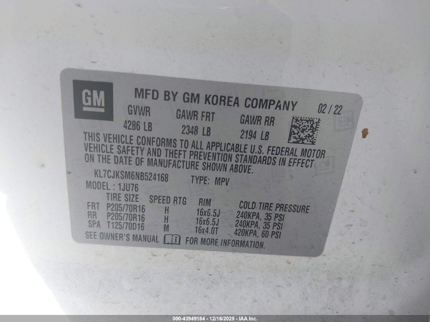 2022 Chevrolet Trax Fwd Ls VIN: KL7CJKSM6NB524168 Lot: 43949184