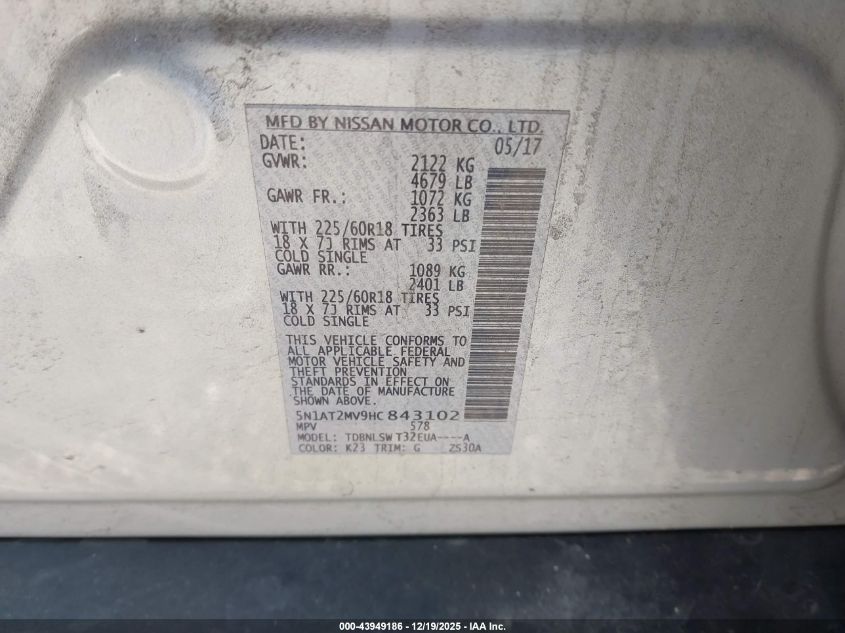 2017 Nissan Rogue Sl VIN: 5N1AT2MV9HC843102 Lot: 43949186