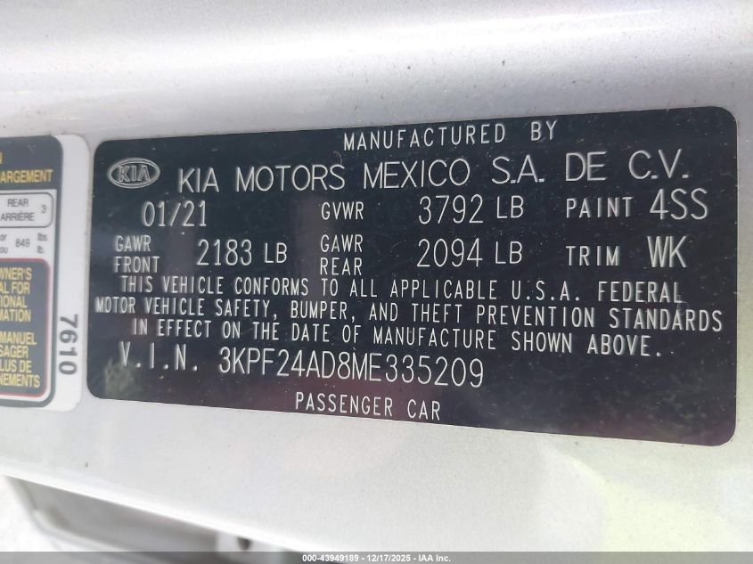 2021 Kia Forte Lxs VIN: 3KPF24AD8ME335209 Lot: 43949189