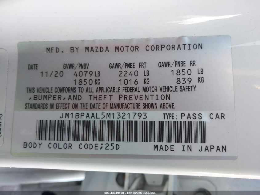 2021 Mazda Mazda3 2.5 S VIN: JM1BPAAL5M1321793 Lot: 43949190