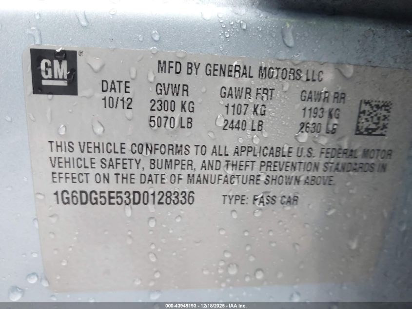 2013 Cadillac Cts Luxury VIN: 1G6DG5E53D0128336 Lot: 43949193