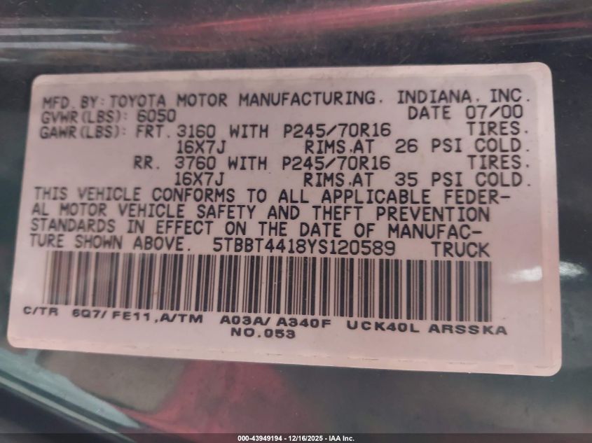 2000 Toyota Tundra Sr5 V8 VIN: 5TBBT4418YS120589 Lot: 43949194