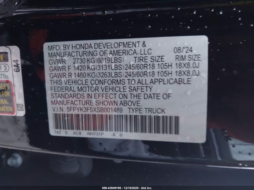 2025 Honda Ridgeline Rtl VIN: 5FPYK3F5XSB001489 Lot: 43949196