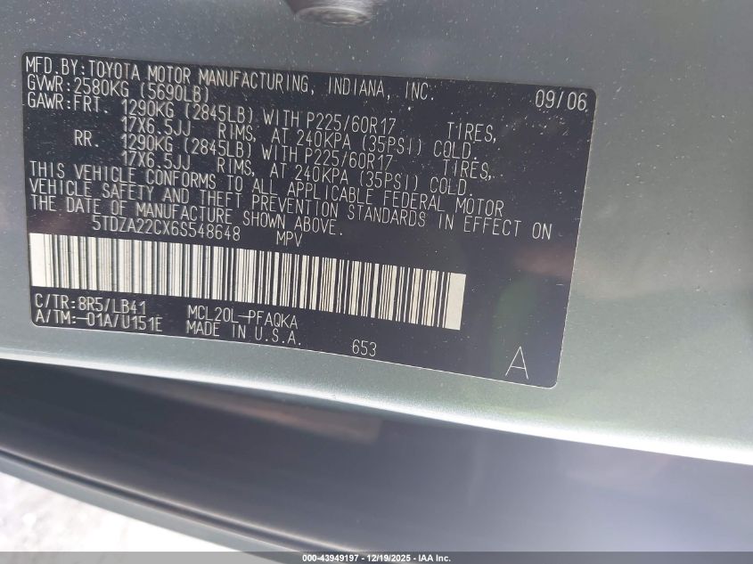 2006 Toyota Sienna Xle VIN: 5TDZA22CX6S548648 Lot: 43949197