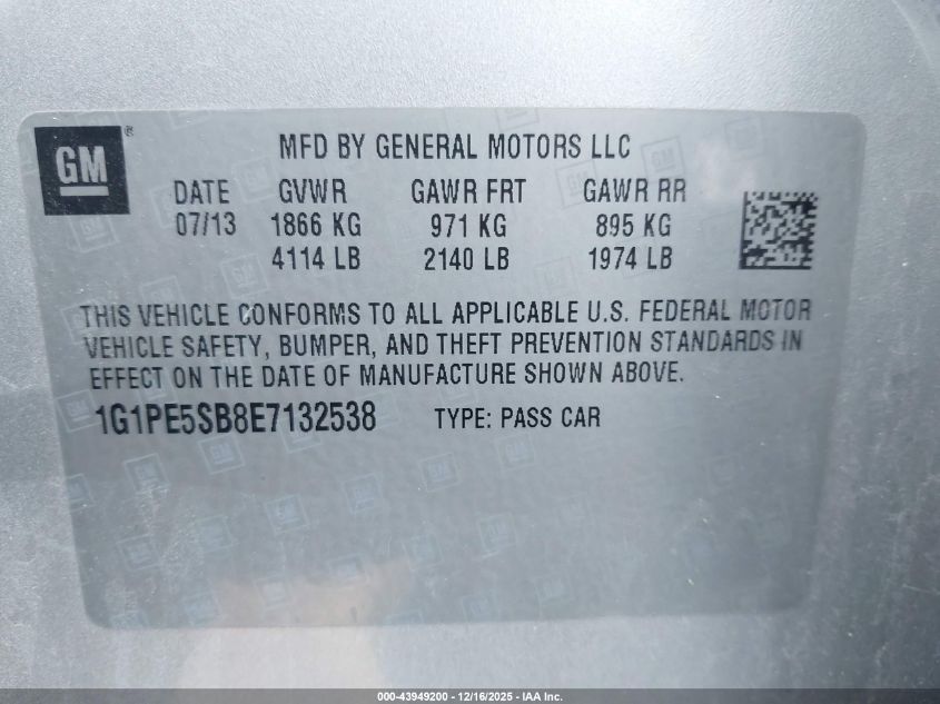 2014 Chevrolet Cruze 2Lt Auto VIN: 1G1PE5SB8E7132538 Lot: 43949200