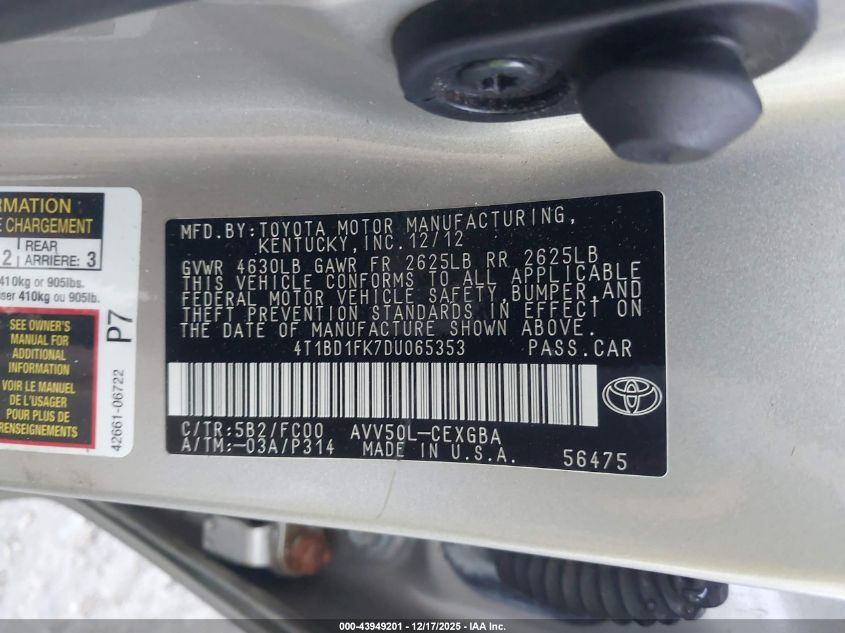 2013 Toyota Camry Hybrid Xle VIN: 4T1BD1FK7DU065353 Lot: 43949201