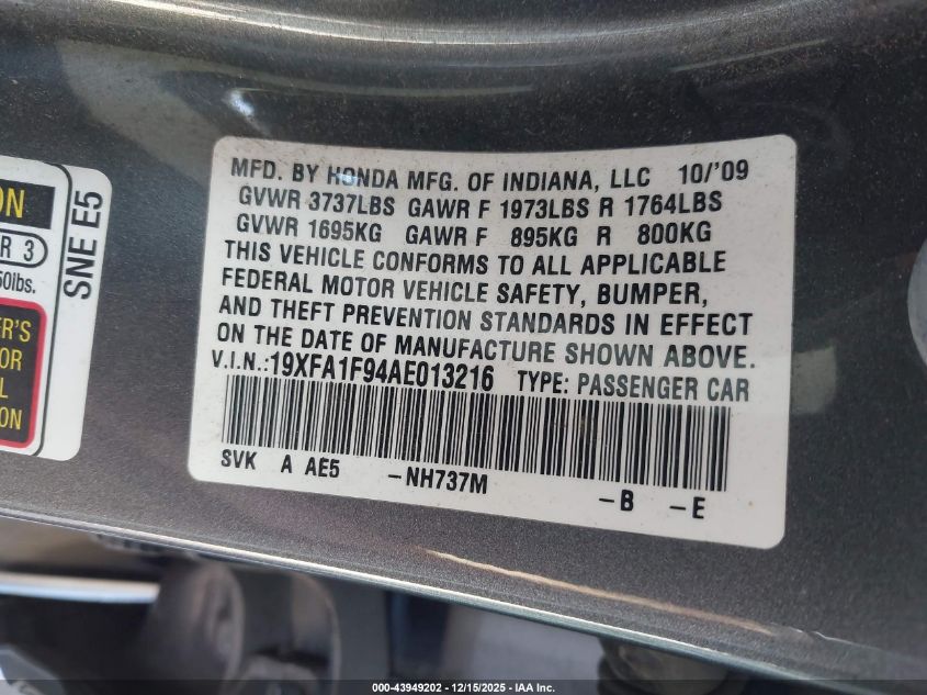 2010 Honda Civic Ex-L VIN: 19XFA1F94AE013216 Lot: 43949202