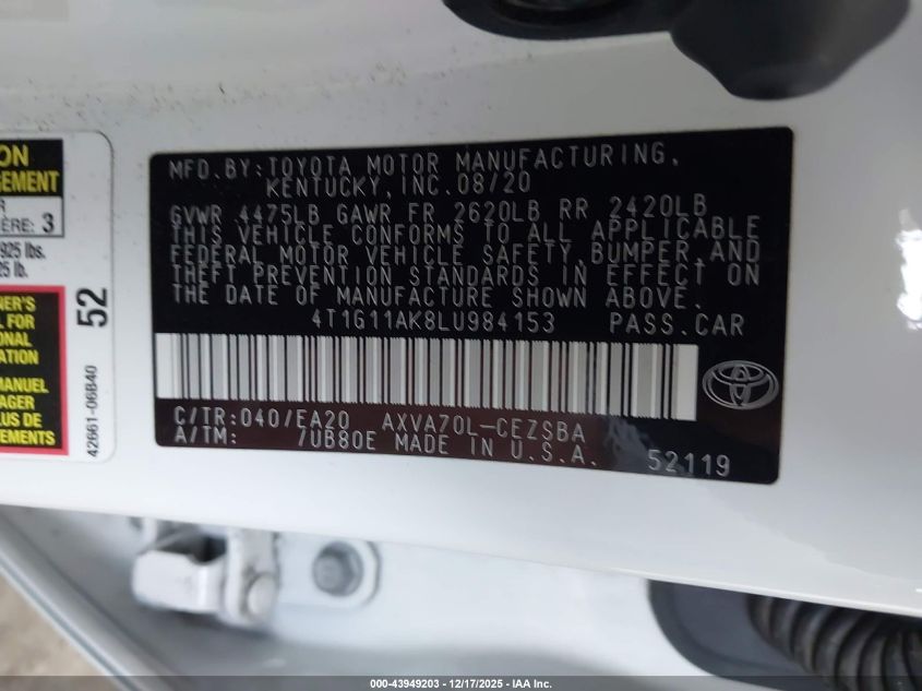 2020 Toyota Camry Se VIN: 4T1G11AK8LU984153 Lot: 43949203