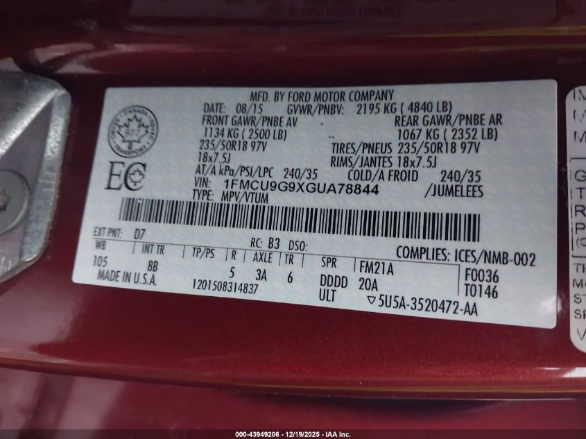 2016 Ford Escape Se VIN: 1FMCU9G9XGUA78844 Lot: 43949206