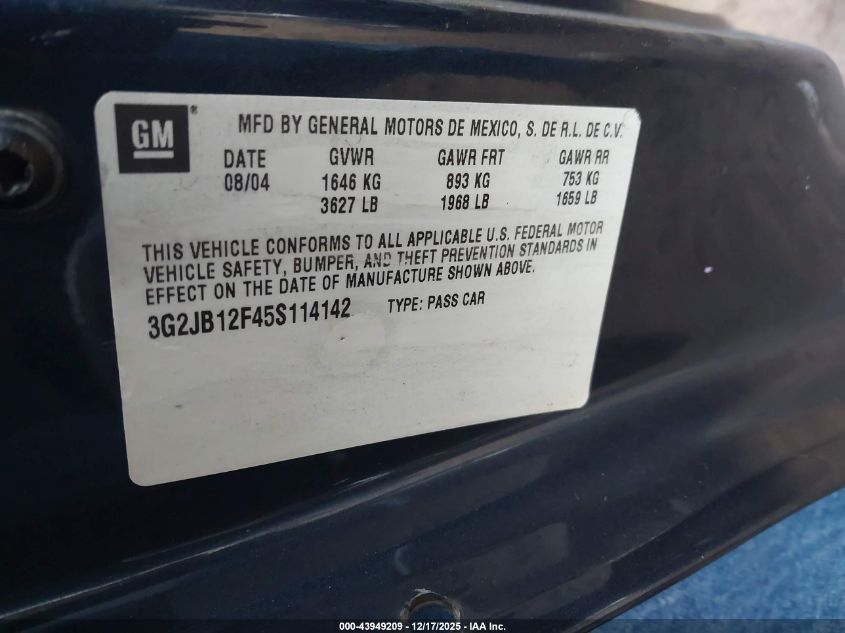 2005 Pontiac Sunfire VIN: 3G2JB12F45S114142 Lot: 43949209