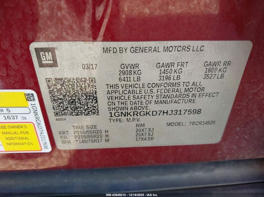 2017 Chevrolet Traverse 1Lt VIN: 1GNKRGKD7HJ317598 Lot: 43949210