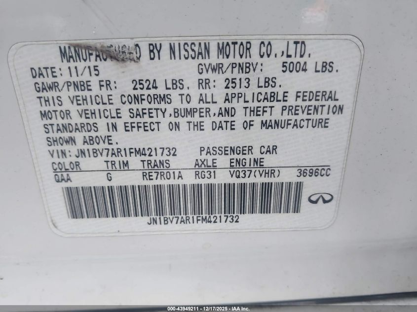 2015 Infiniti Q50 Sport VIN: JN1BV7AR1FM421732 Lot: 43949211