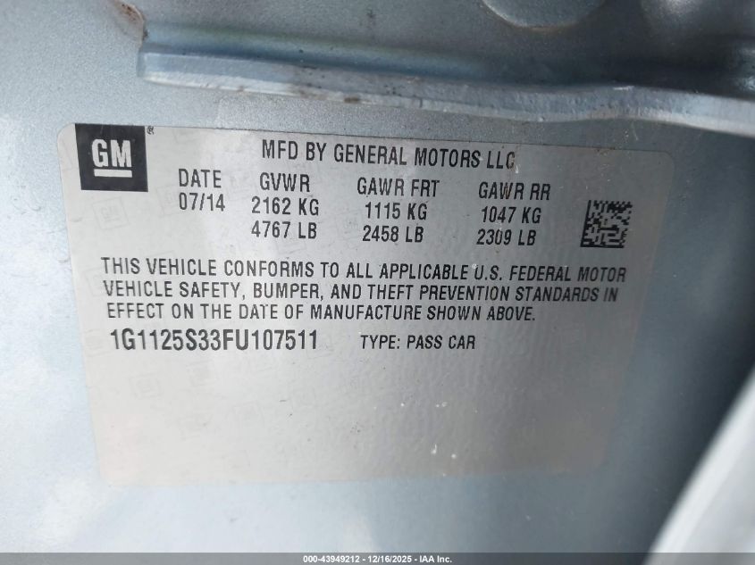 2015 Chevrolet Impala 2Lt VIN: 1G1125S33FU107511 Lot: 43949212