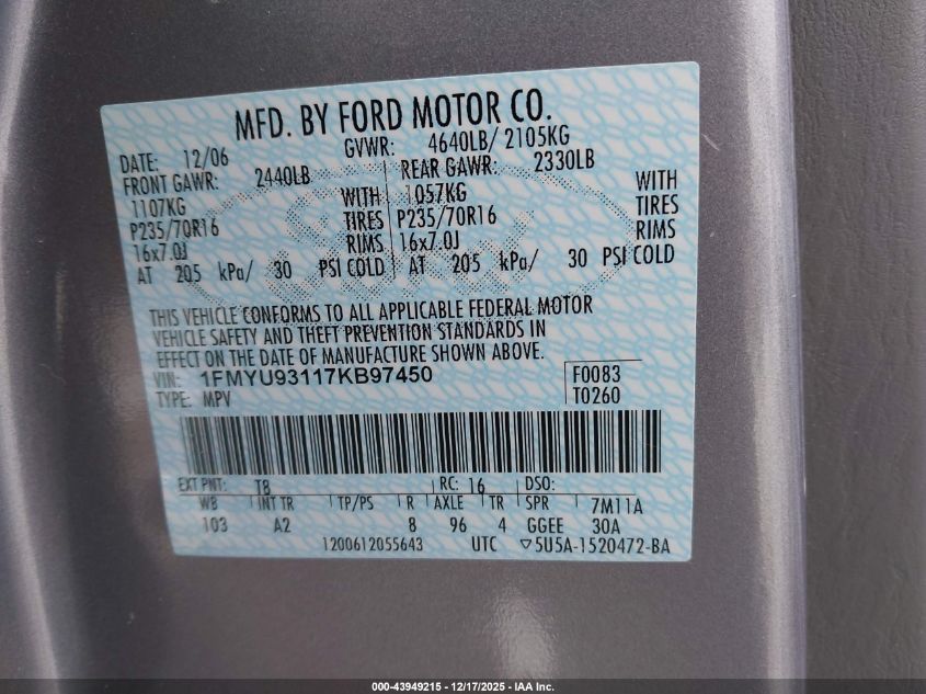 2007 Ford Escape Xlt/Xlt Sport VIN: 1FMYU93117KB97450 Lot: 43949215