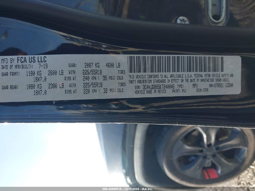 2019 Jeep Compass Altitude 4X4 VIN: 3C4NJDBB5KT840046 Lot: 43949218