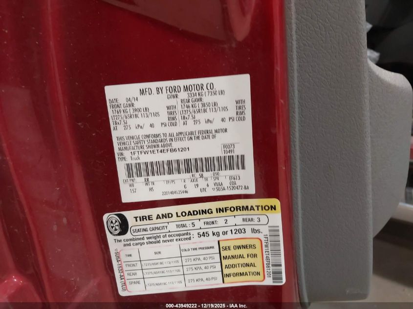 2014 Ford F-150 Lariat VIN: 1FTFW1ET4EFB61201 Lot: 43949222