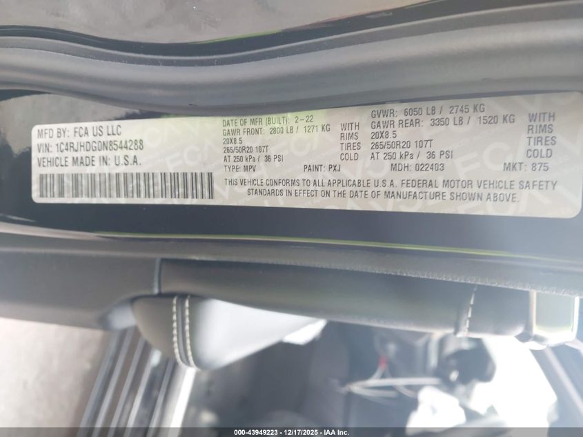 2022 Jeep Grand Cherokee Overland 4X4 VIN: 1C4RJHDG0N8544288 Lot: 43949223