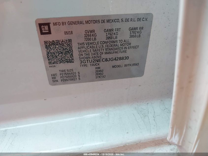 2018 GMC Sierra 1500 Slt VIN: 3GTU2NEC8JG428830 Lot: 43949224