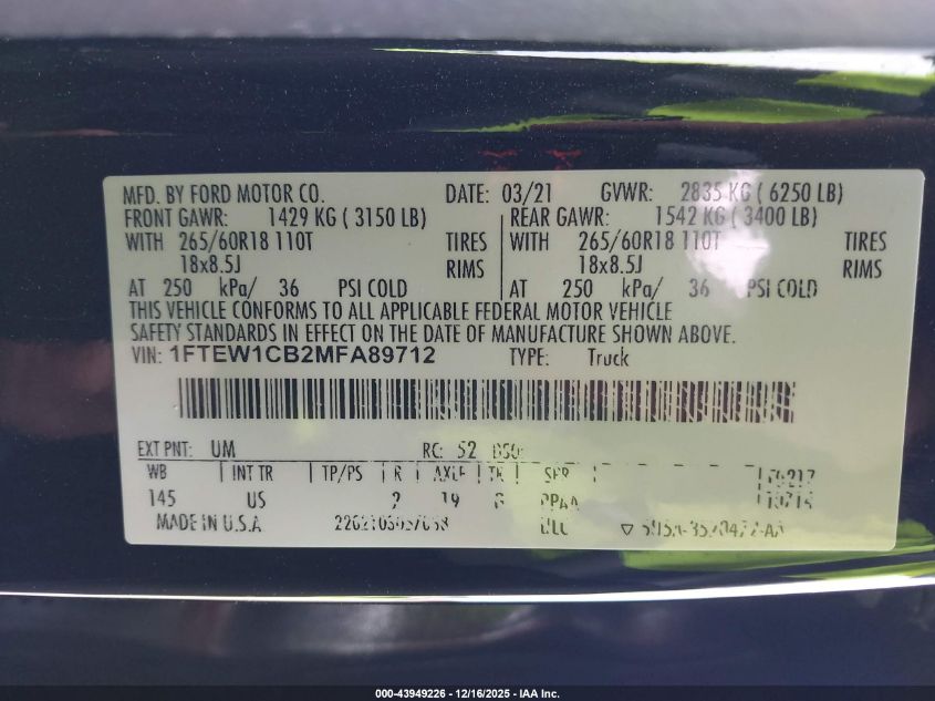 2021 Ford F-150 Xlt VIN: 1FTEW1CB2MFA89712 Lot: 43949226