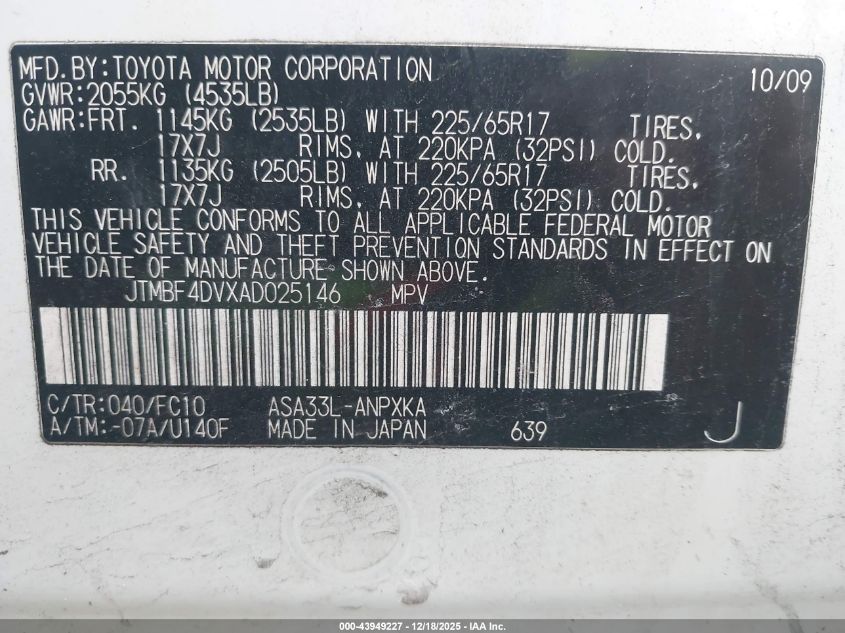 2010 Toyota Rav4 VIN: JTMBF4DVXAD025146 Lot: 43949227