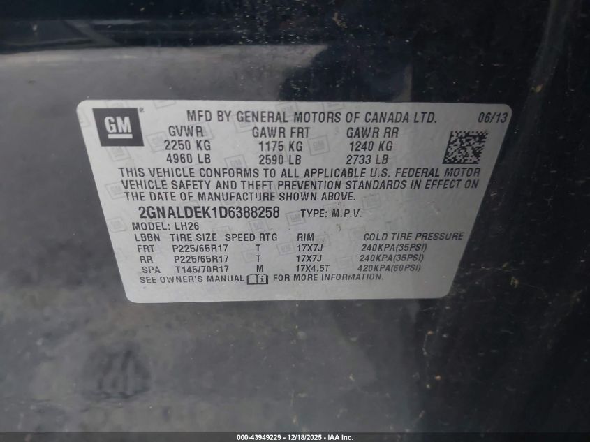 2013 Chevrolet Equinox 1Lt VIN: 2GNALDEK1D6388258 Lot: 43949229