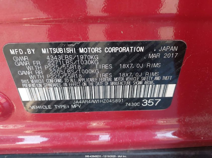 2017 Mitsubishi Outlander Sport 2.4 Sel VIN: JA4AR4AW1HZ045891 Lot: 43949231