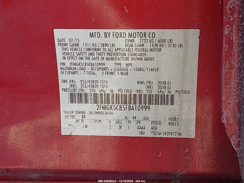 2015 Ford Flex Sel VIN: 2FMGK5C85FBA10999 Lot: 43949232