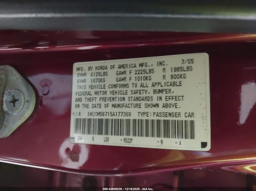 2005 Honda Accord 2.4 Ex VIN: 1HGCM56715A177369 Lot: 43949236