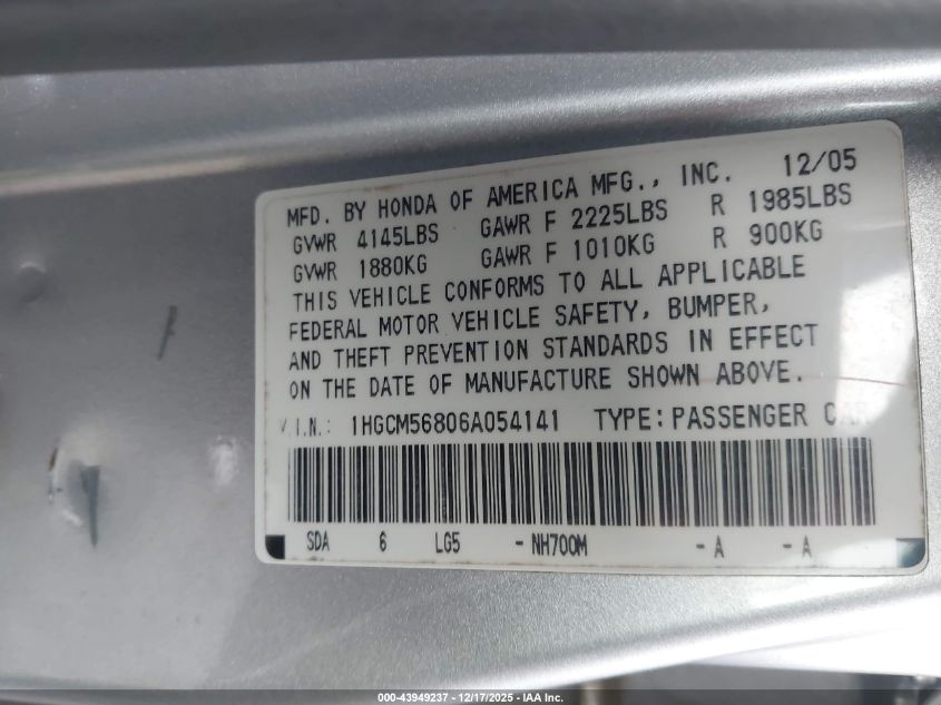 2006 Honda Accord 2.4 Ex VIN: 1HGCM56806A054141 Lot: 43949237