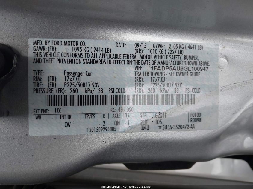 2016 Ford C-Max Hybrid Se VIN: 1FADP5AU9GL100947 Lot: 43949240