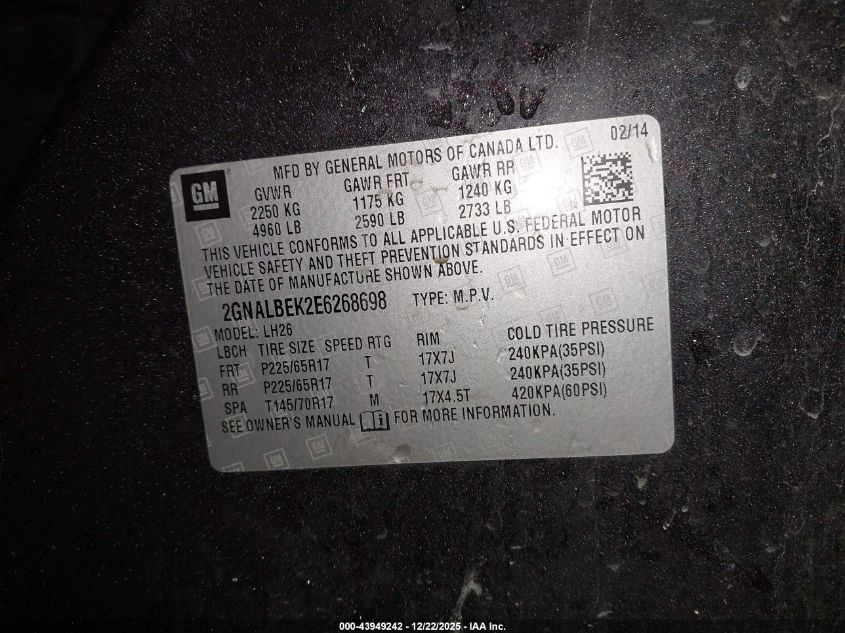 2014 Chevrolet Equinox 1Lt VIN: 2GNALBEK2E6268698 Lot: 43949242