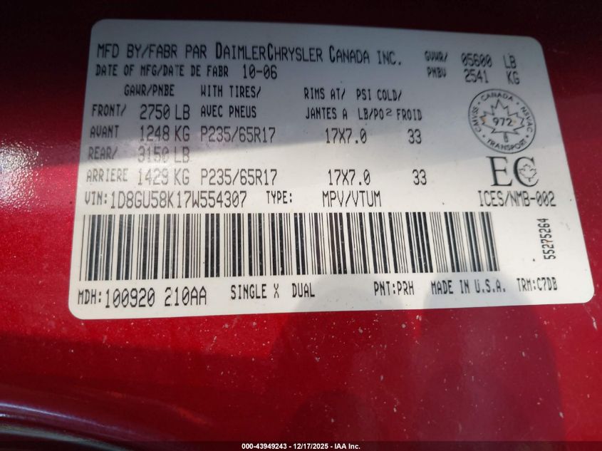 2007 Dodge Nitro Slt/Rt VIN: 1D8GU58K17W554307 Lot: 43949243